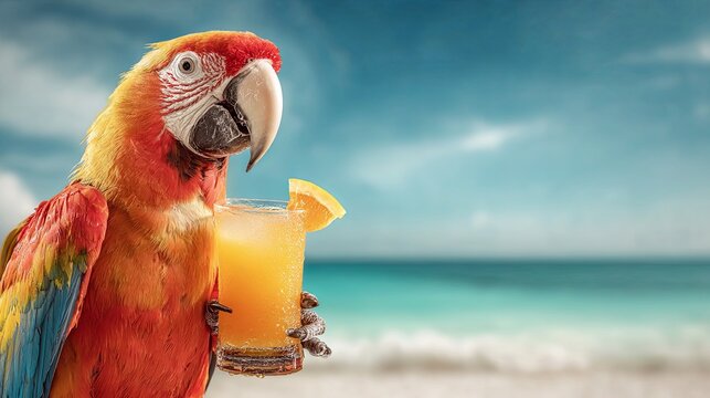 A parrot holding a cocktail with an ocean backdrop	