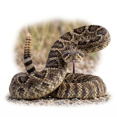 Obraz premium Aggressive rattlesnake with tongue flicking and rattle raised isolated on white background