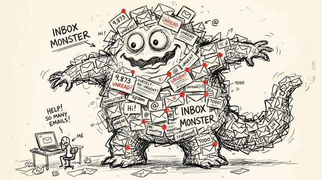 Overwhelmed inbox monster with emails