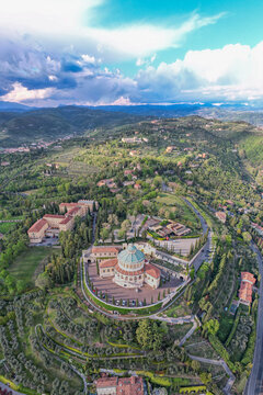 Aerial View Sanctuary of Our Lady of Lourdes on a Hill with Panoramic Views in Verona, Italy