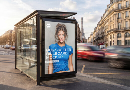 Bus Stop In Paris City with a Billboard Mockup and View on Eiffel Tower
