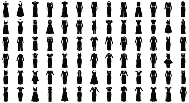 Collection Of Black Silhouette Dresses Fashion Apparel On White Background