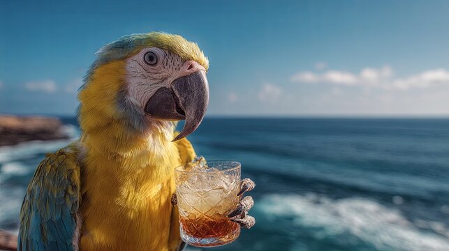 A parrot holding a cocktail with an ocean backdrop
