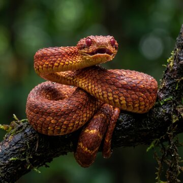 Closeup of a vibrant red bush viper snake coiled on a mossy tree branch in a tropical rainforest