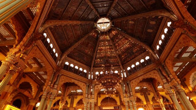 Mysuru palace Beautiful decoated interior ceiling and pillars of the Ambavilasa Hall, inside the royal Mysore	