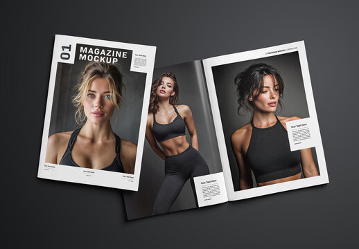 Isolated Magazine Cover and Open Magazine Mockup on Black Background