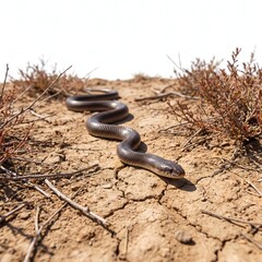 Fototapeta premium A dark brown snake slithering across dry, cracked earth in a desert landscape
