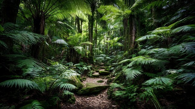 Lush green fern forest with a dirt path and stone steps for nature exploration