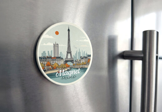 Round Magnet Mockup on Metal Refrigerator Door
