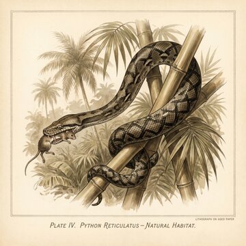 Vintage lithograph illustration of a reticulated python eating a rodent in a tropical bamboo forest