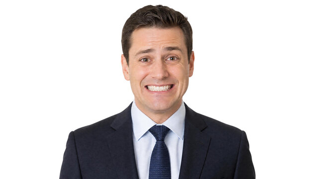 Professional Businessman Making Awkward Cringey Face and Forced Smile