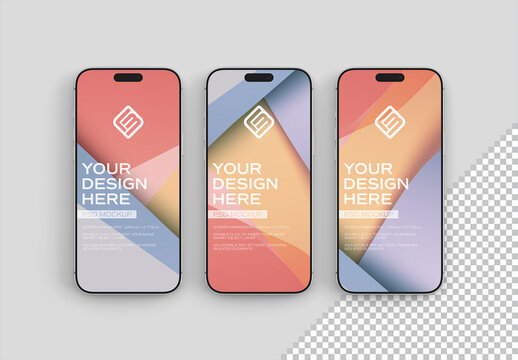 Three Mobile Phones Isolated on Editable Background Mockup