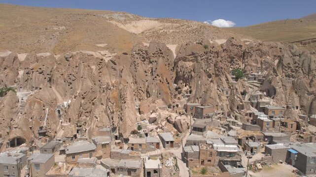 aerial view of Kandovan Village, carved into volcanic rocks, showcases centuries of history and culture, recognized globally for its uniqueness