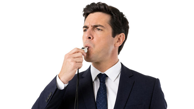 Professional Businessman Blowing Whistle to Signal or Alert Isolated on Transparent Background