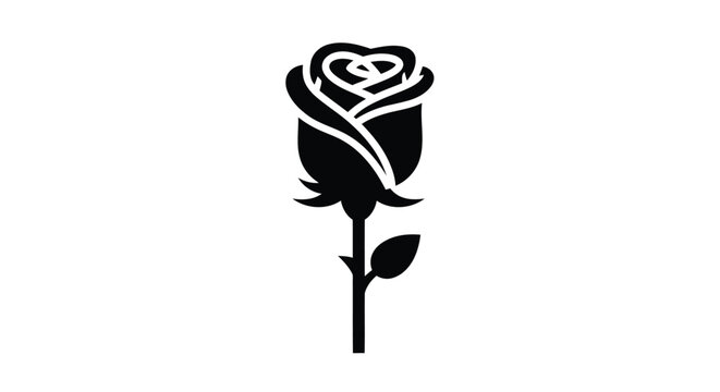 Black silhouette of a single rose with stem and leaf on white background flower