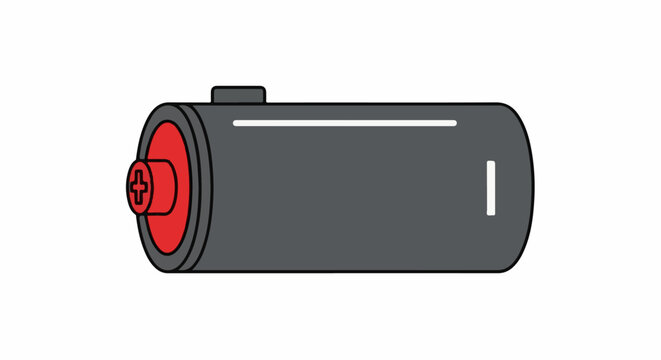 A simple illustration of a grey cylindrical battery with red positive terminal and white indicator marks