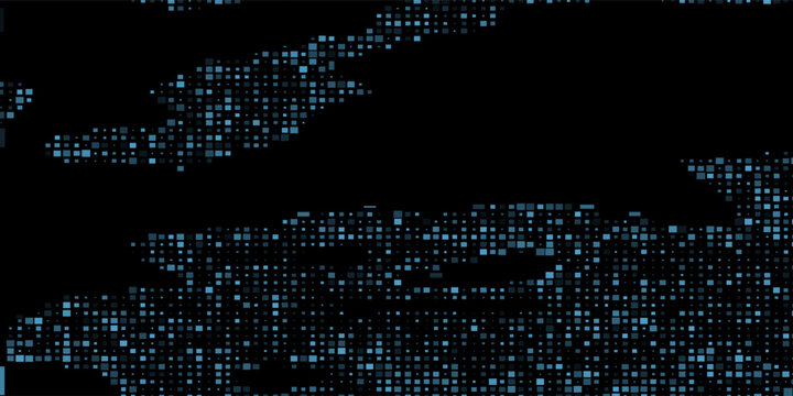 Blue Pixelated Digital Data Stream Over Black Background, Abstract Technology Matrix and Network Visualization