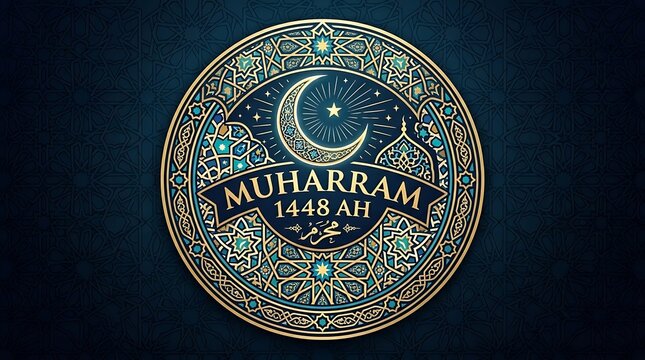 Crescent moon, geometric Islamic designs, a circular badge-style vector, and the words "Muharram 1448 AH"