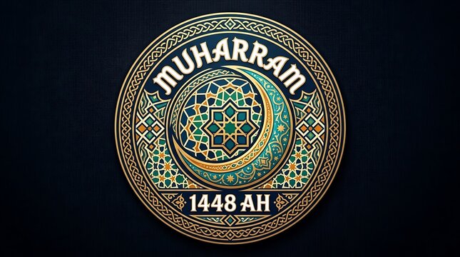 Circular badge-style vector, crescent moon and geometric Islamic patterns, text &ldquo;Muharram 1448 AH&rdquo;