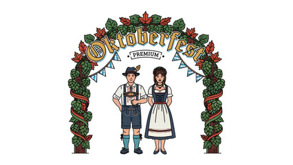 Oktoberfest Celebration Archway: A Bavarian couple in traditional attire stands proudly under a festive archway adorned with hops and autumn leaves. © Mahbuba