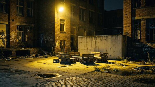 In a deserted courtyard at night, wooden pallets form a makeshift seating area surrounded by graffiti-covered walls. Yellow streetlight illuminates the scene, casting long shadows.