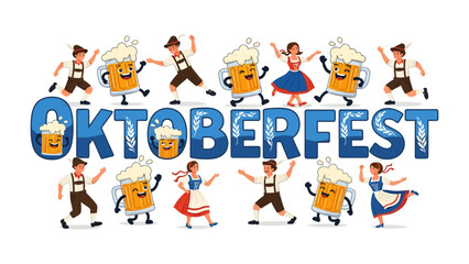 Fototapeta premium Oktoberfest Celebration: A whimsical illustration depicting a vibrant Oktoberfest scene with dancing figures and cheerful beer mugs surrounding the festive lettering.
