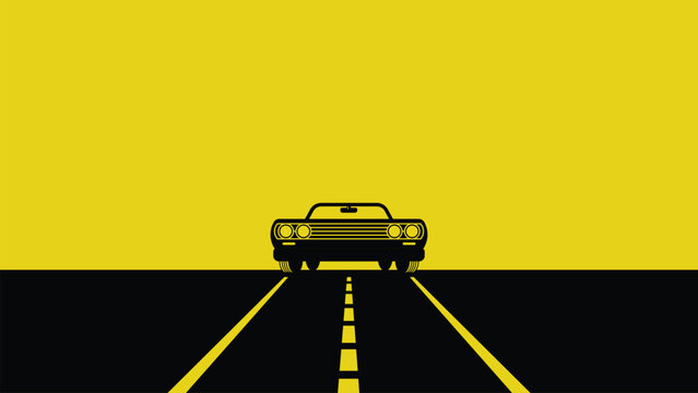 Minimalist classic muscle car on road yellow background vector