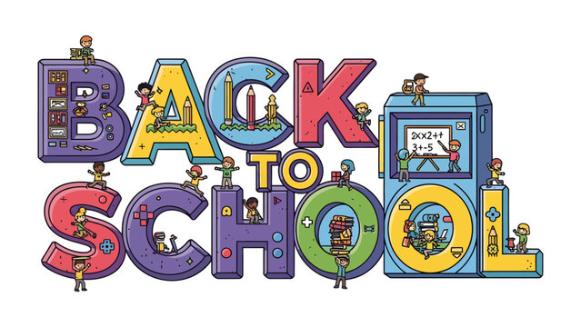 Back to School Celebration: A vibrant and colorful illustration depicts children interacting with large, stylized letters spelling out BACK TO SCHOOL. Each letter is creatively designed.
