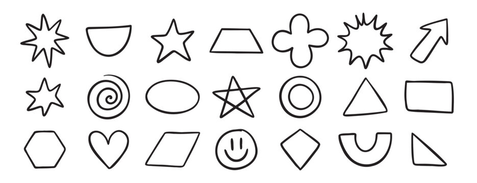 Basic geometric shapes doodle hand drawn icon set. Outline drawing for learning games math flat figure line clipart symbol 