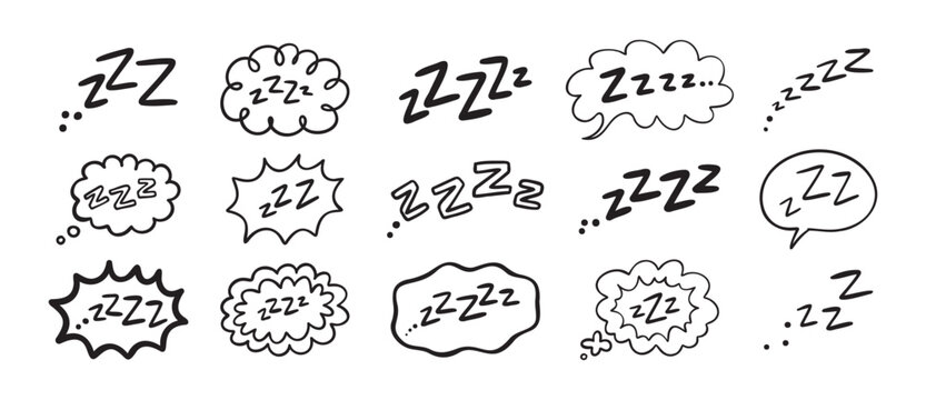 Zzz Zzzz bed sleep snore sound bubble set, snooze nap Z sound icon cloud set. Sleepy Zzz doodle hand drawn line icons