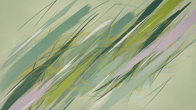 Abstract art piece featuring green, yellow, and purple brushstrokes on a light green background with dynamic diagonal lines and strokes creating a sense of movement