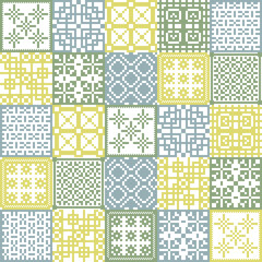 Green to gray pixel cross stitch pattern  ,Assets  Embroidery - Detailed Vector Illustration for Textile Print Design , pixel art backgroud bookcase packing  © Chanakan