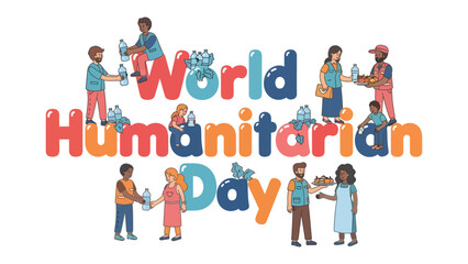 Fototapeta premium World Humanitarian Day Celebration: A vibrant illustration depicting people participating in World Humanitarian Day, sharing water and food, symbolizing compassion and global unity.
