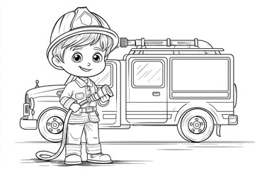 Cute Firefighter Coloring Page for Kids Friendly Firefighter with Fire Truck Line Art