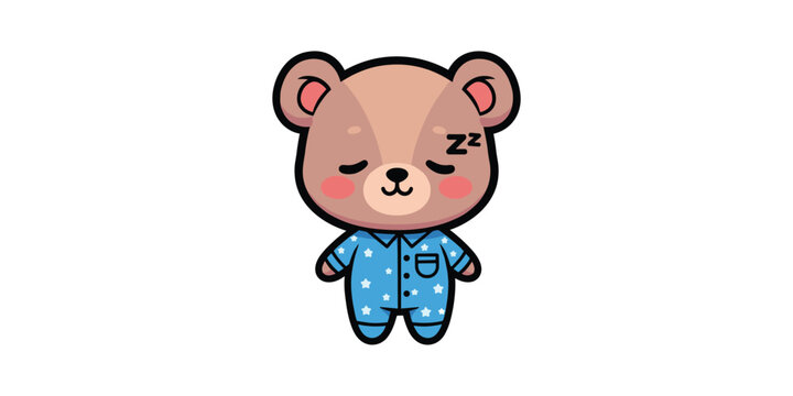 Sleepy cute brown teddy bear wearing blue pajamas with character illustration adorable isolated background expression childish nighttime peaceful whimsical friendly