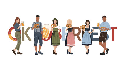 Obraz premium Oktoberfest Celebration: A vibrant scene depicts a group of people dressed in traditional Bavarian attire, holding mugs of beer and pretzels, set against the backdrop of the word Oktoberfest.