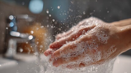 Fototapeta premium Close-up of a woman’s hands being carefully washed under running water with rich soap foam, in a bright clean bathroom, illustrating personal hygiene routines, health protection