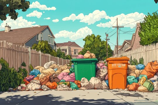 Illustration of a suburban street scene with overflowing trash bins and piles of garbage bags on the sidewalk