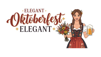 Elegant Oktoberfest Woman: A charming woman in traditional Bavarian attire, holding a bouquet of flowers and a stein of beer, stands proudly beside the Elegant Oktoberfest lettering. © Md