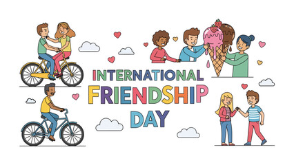 Fototapeta premium Celebration of International Friendship Day: A vibrant illustration depicting diverse groups of friends enjoying various activities like cycling, sharing ice cream, and walking together.