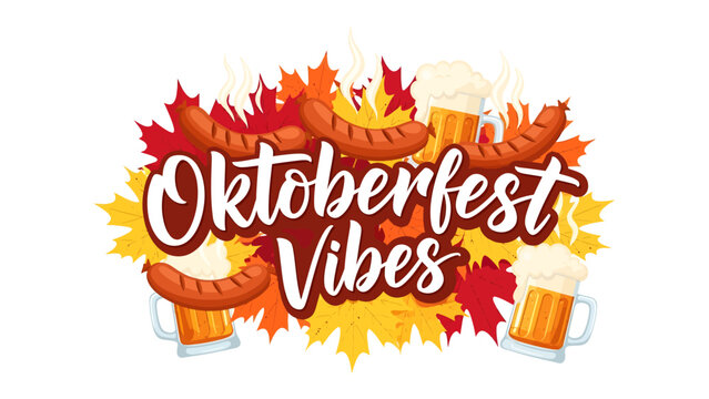 Oktoberfest Celebration Vibes: A festive illustration captures the essence of Oktoberfest with sizzling sausages, frothy beer mugs, and autumn leaves.