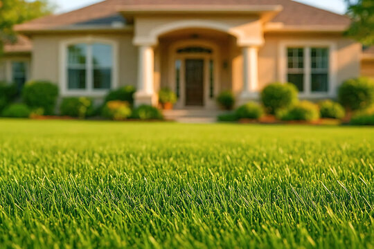 Beautiful modern suburban house with a lush green lawn during golden hour sunset