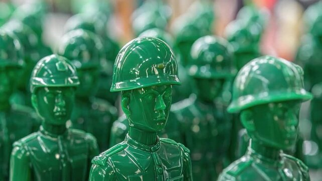 Group of green toy soldiers in formation, focused on the front ranks