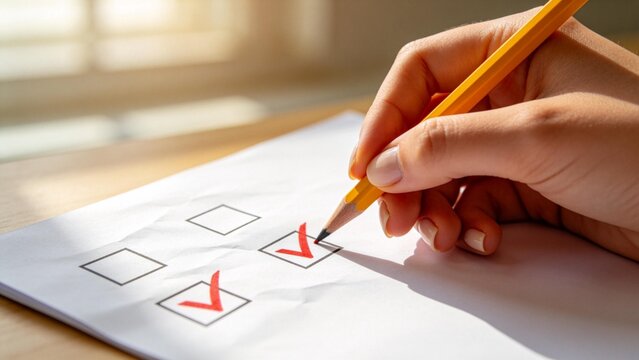 Hand marking check boxes on paper
