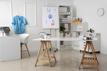 Fototapeta premium Modern veterinary clinic interior with medical equipment and pet supplies, empty examination room for animal healthcare, the empty examination room features a clean white aesthetic