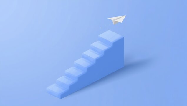 A small white paper plane flying above a blue stair case representing business growth and success concept