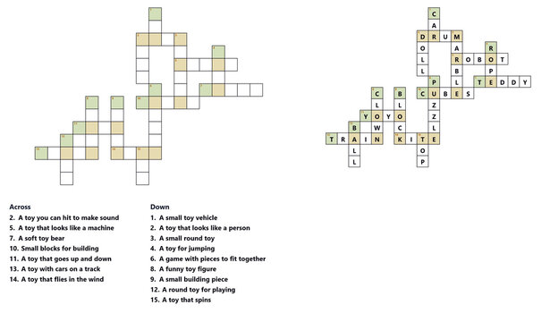 Children's Toys Word Puzzle printable worksheet isolated on transparent background with answers