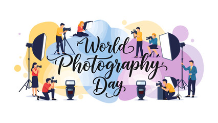 Fototapeta premium World Photography Day Celebration: A vibrant illustration depicting photographers with cameras, tripods.