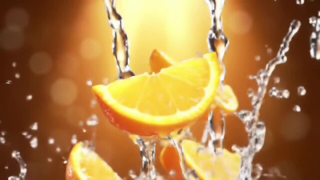 Dynamic splash of clear liquid with fresh orange slices levitating against a warm orange background, high-speed movement showing water droplets and citrus fruit wedges in mid-air.