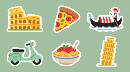 Colorful vector illustration featuring iconic symbols of Italy including the colosseum pizza gondola scooter spaghetti and the leaning tower design © Ibnu Gazali